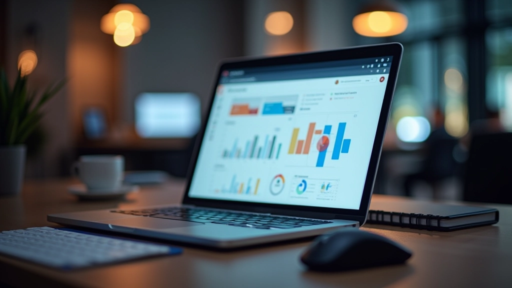 Website performance metrics displayed on laptop screen with analysis tools, sitting on a modern desk with office supplies