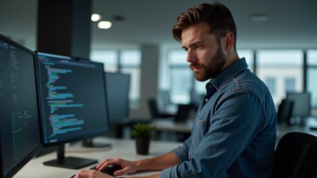 Developer working on code at computer, multiple monitors showing technical documentation, development workspace with keyboard and mouse